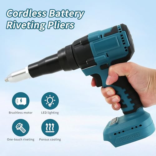 Cordless Rivet Gun Compatible with Makita 18V 21V Battery, 3/16" 5/32" 1/8" Brushless Electric Rivet Gun with LED Light, Portable Automatic Rivet Nut Gun Kit with 20 Rivets(Battery Not Included) - Image 2