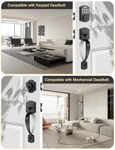 Image of Tinewa Camelot Trim Lower Half Entry Handleset Matte Black, Upgated Entry Door Handle with Door Knob for Electronic Keypad, Black Exterior Door Handle Lock Set
