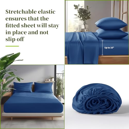 Shilucheng 100% Viscose Derived from Bamboo_ Sheets Full Size 6pcs - Ultra Cooling & Silky Soft Bed Sheets, 16" Deep Pocket, Perfect for Hot Sleepers, Hotel Bedding Sheets (Navy Blue)