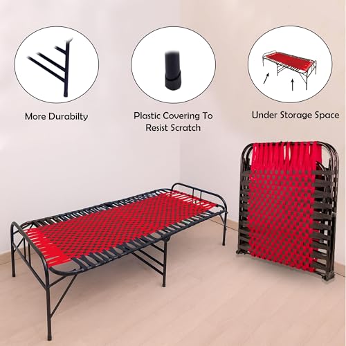 Image of Casa Copenhagen, Portable Single Folding Bed Heavy Duty Metal Cot Khat for Sleeping Bed Space Saving Design Sturdy Synthetic Niwar feet - Red & Charcoal Black
