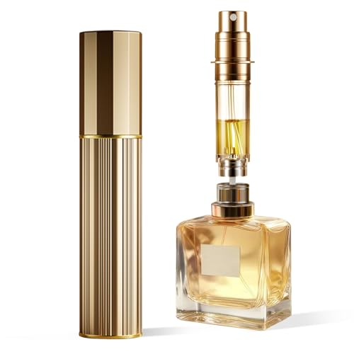 ASADAYS Portable Perfume Atomiser Refillable - 5ml Empty Travel Spray Bottle, Nano Mist, Bottom Filling Mini Atomizer, Pocket Size Cologne Dispenser for Women and Men (Gold, PA)