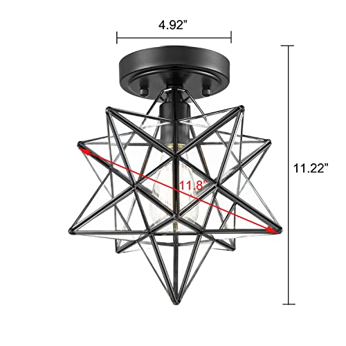 Image of Industrial Black Copper Moravian Star Ceiling Light Clear Glass | 12-inch Ceiling Mount Light, 1-Light Fixture for Living Room Bedroom Kitchen Hallway