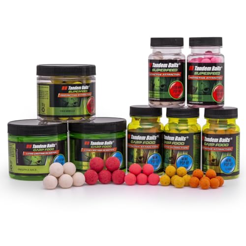 Tandem Baits Set of 8 Carp Pop Up Boilies Fishing Box XL | Fluo Pop Up 16mm | Perfection Pop Up 16mm | Mini Pop Up 12mm | Fluo Mini Pop Up 12mm | Carp Fishing Set Up | Bait | Carp Fishing Accessories
