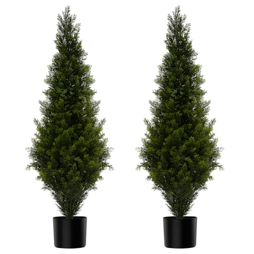 4FT Artificial Cedar Topiary Trees Potted Fake Plants for Outdoors Faux Cypress Trees for Home Front Porch Decor Set of 2