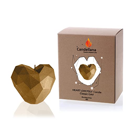 Candellana Kerze Herz Low Poly | Höhe: 8 cm | Klassisches Gold | Handgefertigt in der EU, 7,8 x 8 x 9 cm, 5903104880545