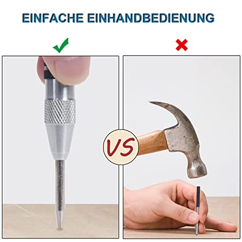 Automatischer Körner Metall, 2 Stück Automatik Körner, Center Punch mit 2 Ersatz-Stanzstempeln, für Holz, Glas, Stahlbleche, Metall