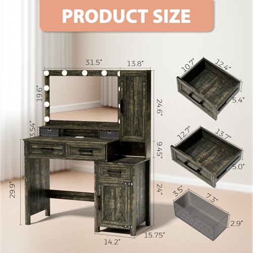Image of Farmhouse Vanity Desk with 3 Adjustable Light Colors & Power Outlet, Makeup Vanity Table with Sliding Jewelry Cabinet, Built-in Lipstick Organizer, 3 Drawers & Shelves for the Bedroom, Brown