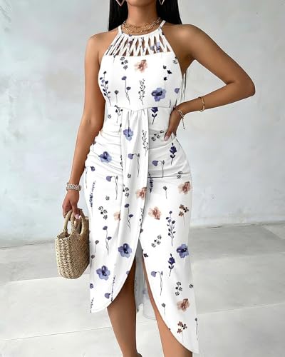 Image of CHICME Womens Halter Floral Print Bodycon Midi Dress