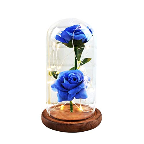 Smartcoco Beauty and The Beast LED Blue Rose in a Glass Dome on a Wooden Base for Mother's Day Birthday Wedding Anniversary Valentines Best Gift