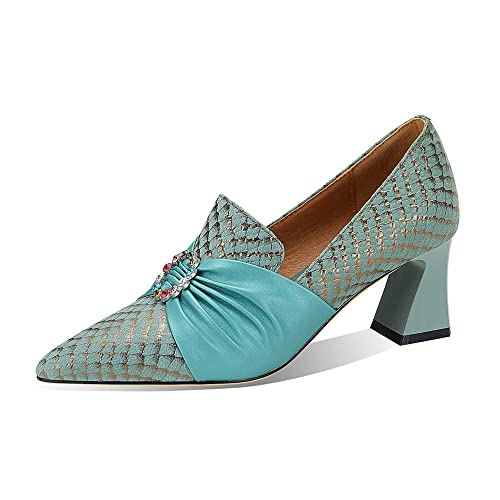 TinaCus Sapato feminino bico fino couro legítimo feito à mão salto grosso médio sapatos graciosos, V