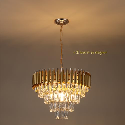 Fashtop 9-Light K9 Gold Modern Crystal Chandelier 4-Tier 20" Round Light Fixture Ceiling Pendant Chandelier Lighting Contemporary for Dining Room Entryway Bedroom Foyer, E12 Base