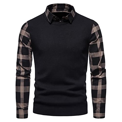 Men Collar Plaid Fake 2 Piece Sweater Fashion Fake Long Sleeve Shirt Sweater Knit Contrast Color Striped Shirt