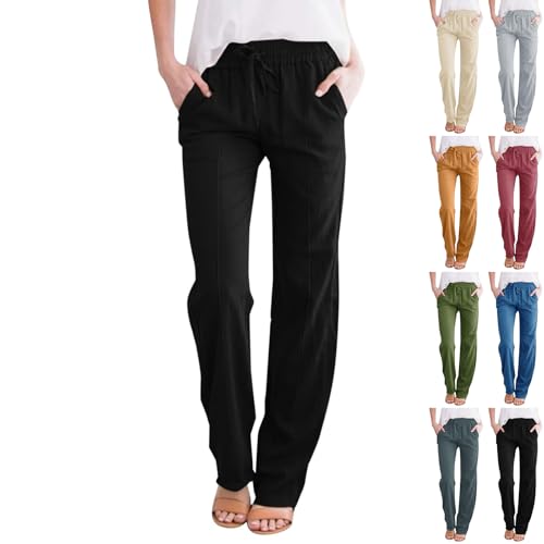 Linen Pants Women Casual Summer Beach Loose Elastic High Waisted Drawstring Lounge Straight Leg Pants with Pockets