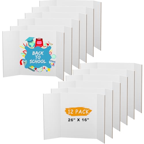 Image of AKONEGE 12 Pack Medium Trifold Poster Board, 26 inch x 16 inch White Corrugated Cardboard Tri Fold Poster Boards for Presentation, School Projects, Science Fair, Photo Display Exhibitions Event