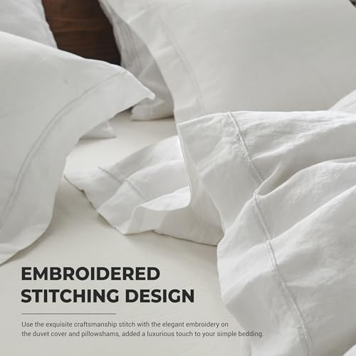 Simple&Opulence 100% French Linen Duvet Cover Set with Embroidered,3 Pcs Washed Soft Farmhouse Bedding Set with Button Closure,1 Comforter Cover and 2 Pillowshams(Queen,White) by Simple&Opulence - Image 3