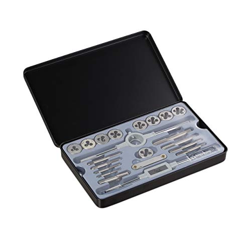 Relaxdays Gewindeschneider M3 - M12, 9 Schneideisen & Gewindebohrer, Windeisen, Gewindelehre, Schneideisenhalter, silber