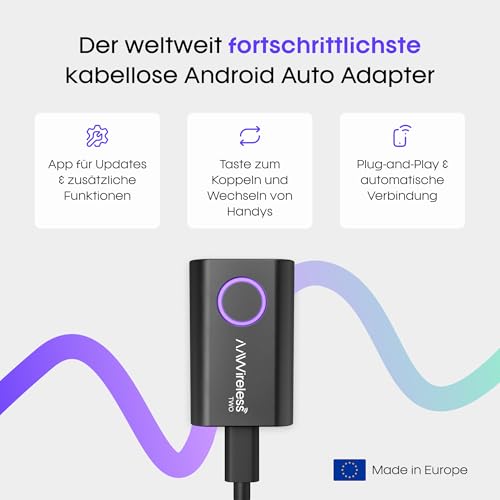AAWireless Two Wireless Android Auto Adapter – Kabelloses Android Auto für Ihr Auto – Schnelle Verbindung ohne Kabel – Plug & Play – Stabile Verbindung – Multifunktionstaste