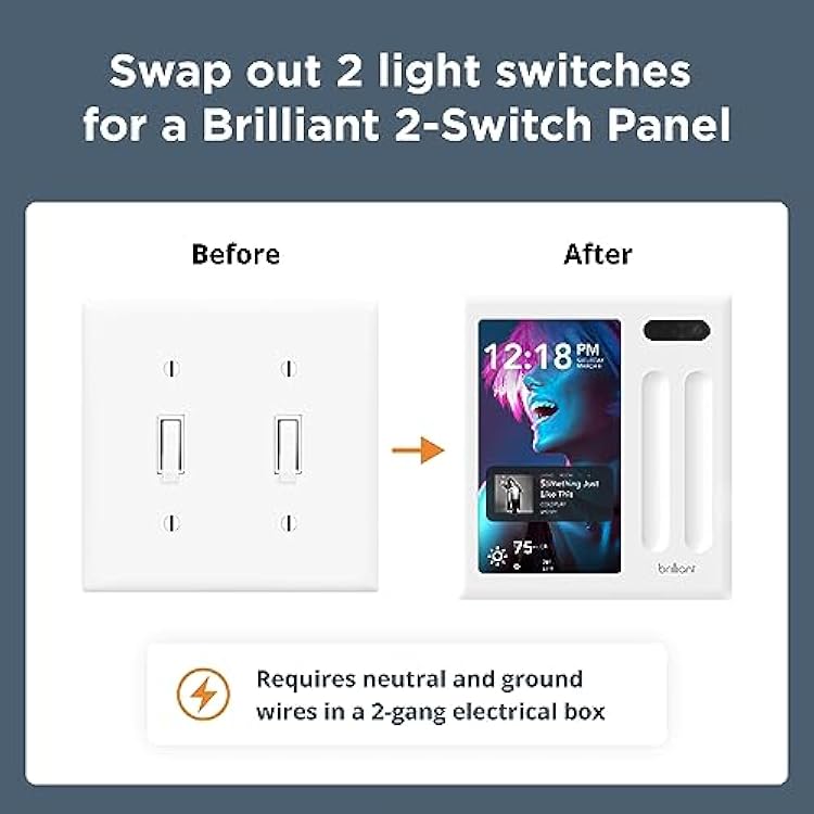 Brilliant Smart Home Control (2-Switch Panel) Alexa Built-In & Compatible with Ring, Sonos, Hue, Google Nest, Wemo, SmartThings, Apple HomeKit In-Wall Touchscreen Control for Lights, Music, More