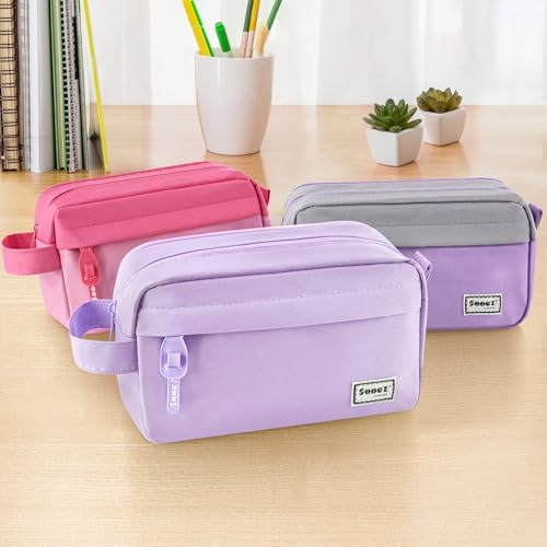 Image of Sooez Original High Capacity Pencil Case, Big Pencil Bag Pouch Box Organizer Pen Case, Aesthetic Supply for Girls Adults, Portable Journaling Supplies with Easy Grip Handle & Loop, Purple
