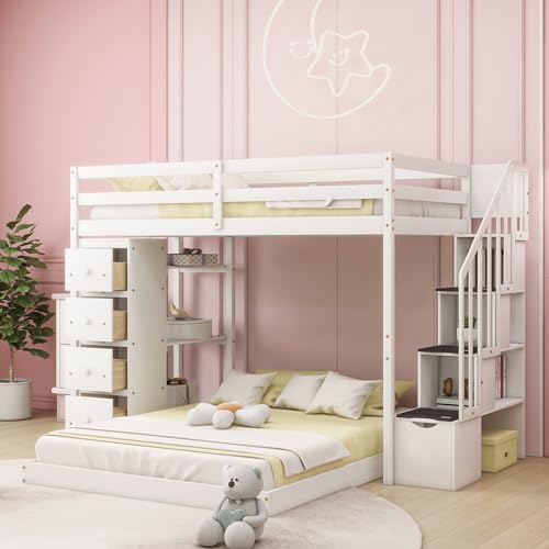 HiHomely White Twin Over Full Bunk Bed with Storage Stairs, 3 Tier Shelves Drawer – Space Saving Kids Bedroom for Siblings Guests (1 Drawers + 1 Shelves)