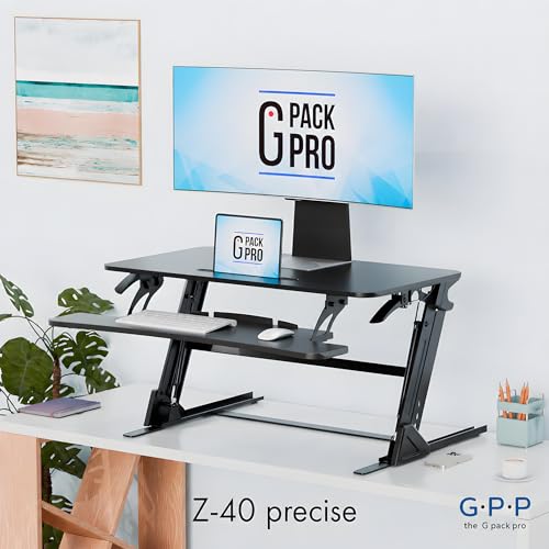 Image of Standing Desk Converter for Dual Monitors, 40 Inch Height Adjustable | Sit-To-Stand Workstation With Gas Spring Lift, Detachable Keyboard Tray, and 17.3 Inch Vertical Range