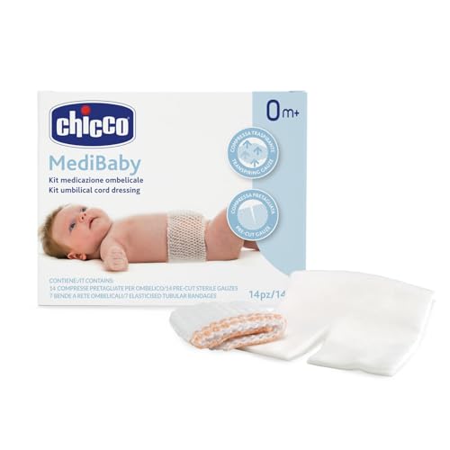 Chicco Kit de vendajes para el ombligo, set de 14 compresas precortadas para el ombligo y 7 vendas de malla, permite fijar y retirar el vendaje con facilidad, compresa transpirable, 0+ meses
