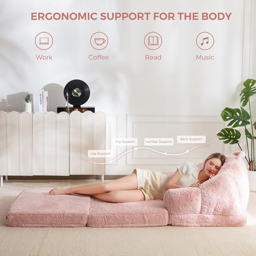 Image of MAXYOYO Folding Sofa Bed, 2 in 1 Convertible Sofa to Lounger Comfy Single Bean Bag Chair for Adults, Floor Couch with Handle, Faux Fur Couch Bed for Living Room Bedroom, Pink
