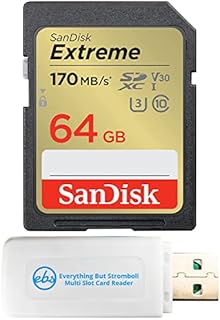 SanDisk 64GB Extreme Memory Card works with Canon EOS Rebel SL2, T6, T6i, T5i EF-S, EOS 80D, Powershot Camera SDXC 4K V30 UHS-I (SDSDXVE-064G-GNCIN) with Everything But Stromboli Combo Reader