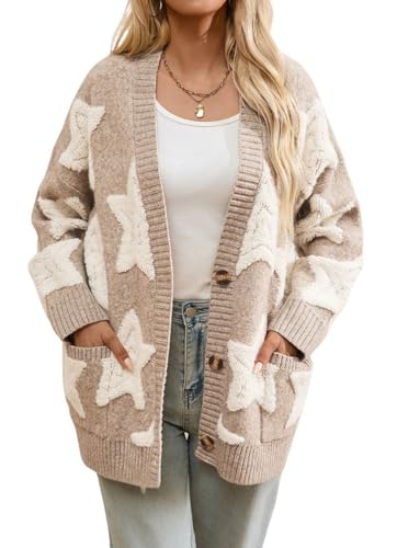 chouyatou Women's Fall 2025 Star Fleece Patchwork Cardigan Button Down Jacquard Chunky Knitted Sweater Coatigan