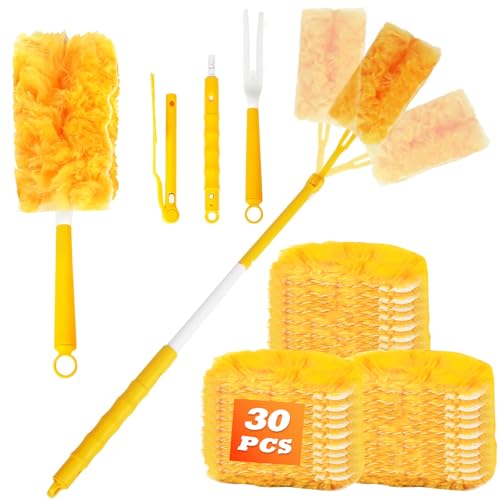 32 Stück Staubwedel Nachfüllpack, 360° Staubmagnet Staubwedel für Swiffer Duster mit Handgriff und Teleskopstange, Mikrofaser Staubwischer für Haare Staub Schmutz(Gelb)