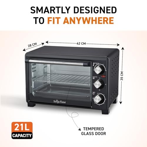 Image of Surya Flame ZOLO 21 Ltr Oven Toaster Griller (OTG) - 21 litres, Black - with Rotisserie,Auto-Shut Off, Heat-Resistant Tempered Glass, Multi-Stage Heat Selection | Bake, Grill, Roast |