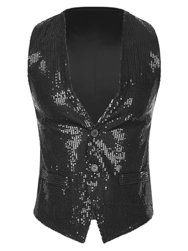 XUNZOO Men's Sparkly Sequins Vest Shiny Button V Neck Sleeveless Vest Suit Nightclub Party Waistcoat
