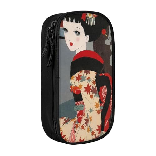 原淳一 娘十二ヶ月絵巻 十月 浮世絵やの娘ペンケース 筆箱 文具ケース おしゃれ 筆袋 鉛筆ケース 鉛筆のサック 中高校生 軽量 収納バッグ 学生 子供 誕生日 入学ギフト 大容量 ダブルレイヤーBlack
