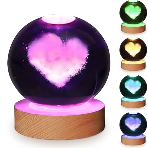 GITGRNTH 3D Crystal Ball Lamp with 16 Colors Changing LED Wooden Base - Solar System Night Light, Galaxy Lamps, Galaxy Crystal Ball Light with USB (Heart Ball)