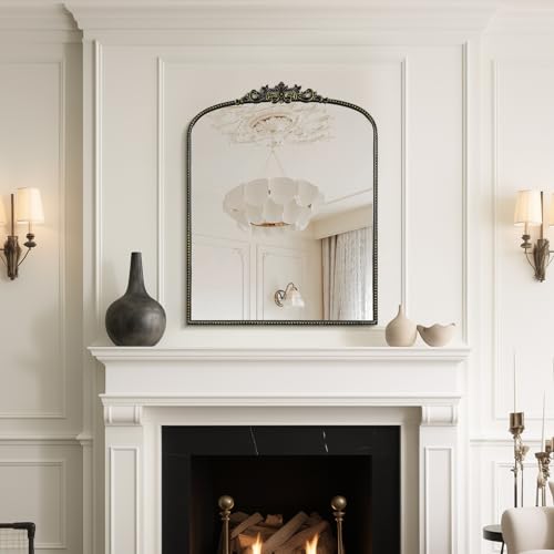 Image of WallBeyond Black Vintage Mirror for Vanity 28x36 Inch, Black Antique Mirror with Ornate Frame, Arched Vintage Wall for Bathroom, Living Room, Fireplace, Entryway
