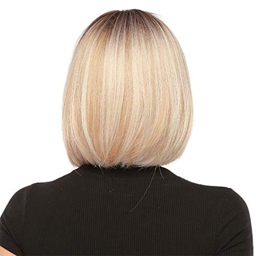 Miniatura 2 de EMMOR Peluca corta rubia ombré para mujer, pelucas de cabello sintético natural con flequillo, uso diario para fiestas de disfraces (2 gorras de
