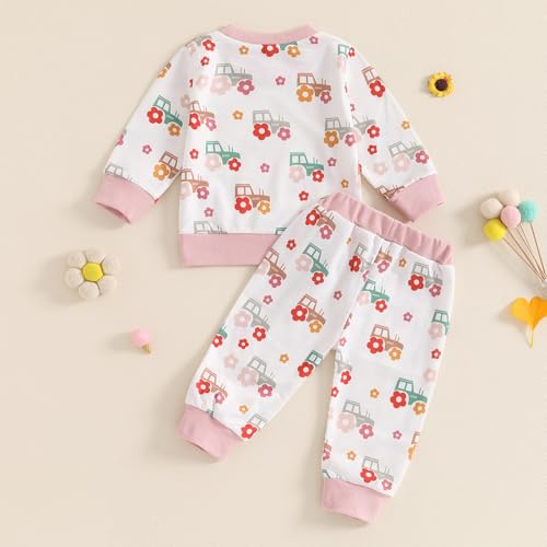 Little Girls 2Pcs Fall Outfits Floral Tractor Print Long Sleeve O Neck Tops Pants Sets Newborn Spring Fall Clothes3