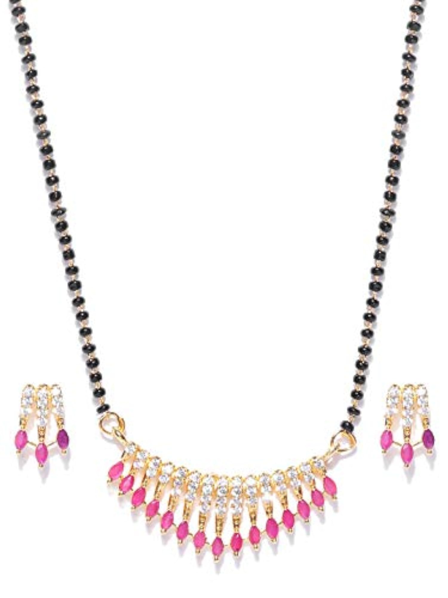 Gold-Plated American Diamond & Ruby Studded Mangalsutra Set with Earrings