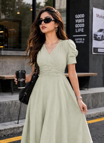 Image of Preneum Girl's & Women's Solid Color V-Neck A-Line Maxi Dress for Women | New Year Party Outfit | Waist Cinched Puff Sleeve Western | Elegant Casual Wear (Availble in Plus Size)