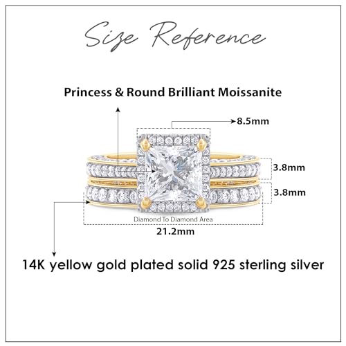 6MM Center Princess Cut Bridal Set Ring 2 Cttw Lab Created Moissanite Halo Engagement Wedding Ring For Women In 14K Gold Plated Sterling Silver (Clarity-VVS1)2
