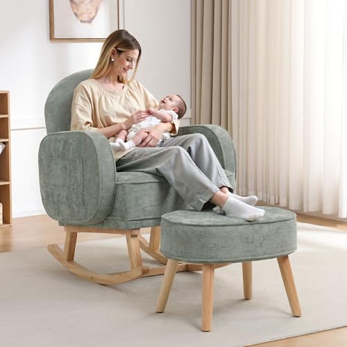 Image of HCHAIRH Rocking Chair with Ottoman, Upholstered Glider Rocker with footrest and Side Pocket, Comfy Chenille Reading Chair with Solid Wood Legs for Nursery, Living Room,Bedroom Pale Green