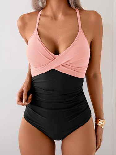 Image of B2prity Women's One Piece Swimsuit Tummy Control Front Cross Bathing Suit | Slimming Ruched ,Tie Back,Wrap Front,Adjustable Straps,Soft Removable Cups for beach, pool and vacation wear