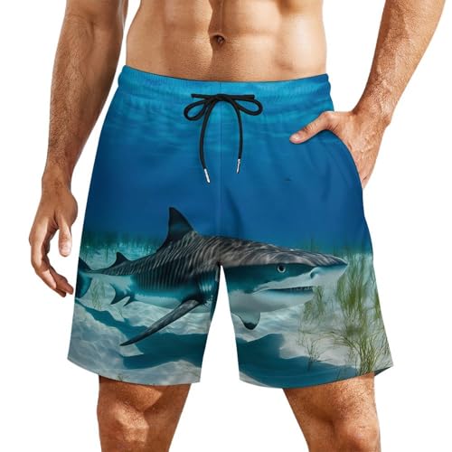 Tiger Shark Ocean Casual Beach Shorts for Men Elastic Waist Drawstring Swim Shorts With Compression Liner