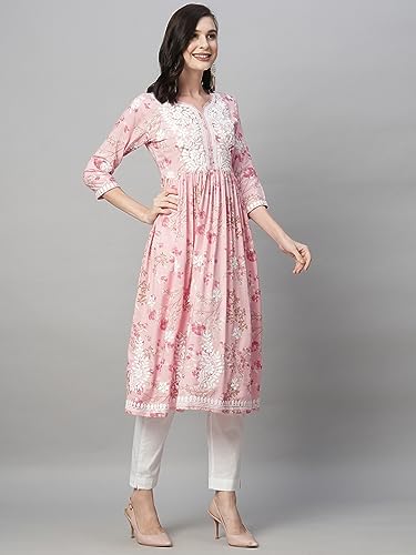 Image of RATAN Women's Rayon Printed Anarkali Lucknowi Chikankari Ethnic Wear Kurta