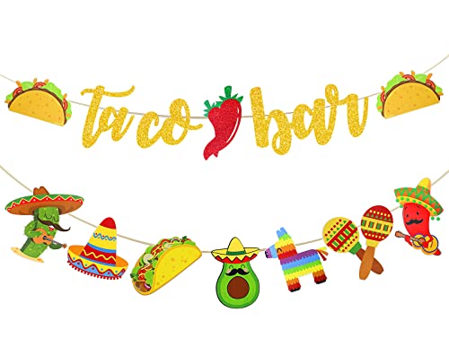 Rismise Fiesta Taco Bar Banner Garland 2 set Mexican Fiesta Party Banner with Cactus Donkey Maraca Sombrero Taco Pepper for Mexican Cinco de Mayo Fiestas Theme Party Supplies