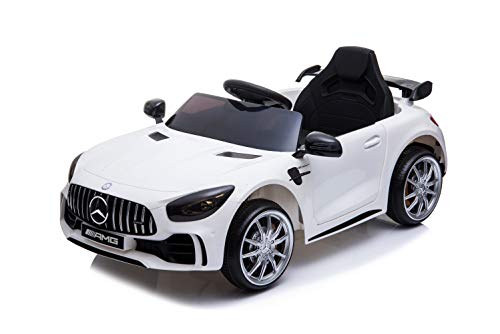 ES-TOYS Kinderfahrzeug - Elektro Auto Mercedes GT R - lizenziert - 12V4,5AH, 2 Motoren- 2,4Ghz Fernsteuerung, MP3, Ledersitz+Eva (Weiss)