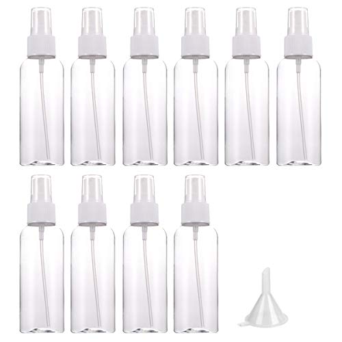 Plastic Clear Spray Bottles - 10 Packs 3.38oz/100ml Empty Refillable Containers with 1 Funnel for Perfume Essential Oils Liquids Aromatherapy Travel Cosmetic Makeup