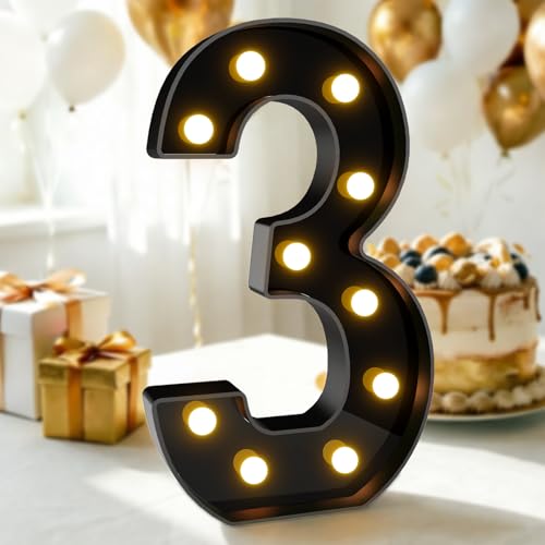 Image of Pooqla 3rd Birthday Decorations for Boys, Large Black Light Up Numbers | Black Party Decorations, 12.6in Tall Big Marquee Numbers 3rd 13th 30th Anniversary Birthday Gift for Boys Wedding Room Decor