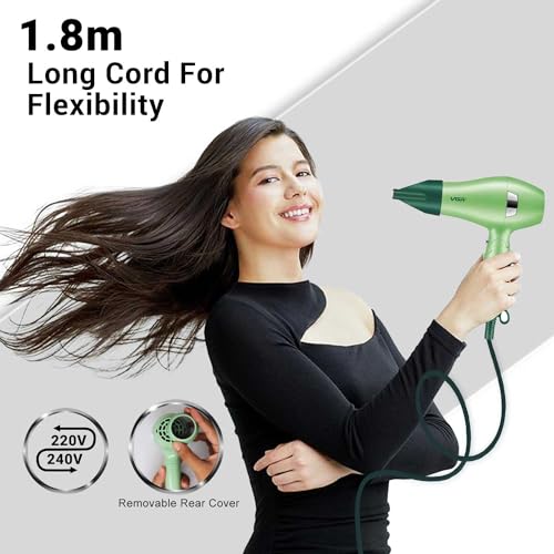 Image of VGR V-432 Foldable Hair Dryer for Women & Men, Overheating Protection Technology,2 Speed settings, Independent Cool Shot, Detachable Nozzles,1.8 m Cable 1000 Watts (Green)