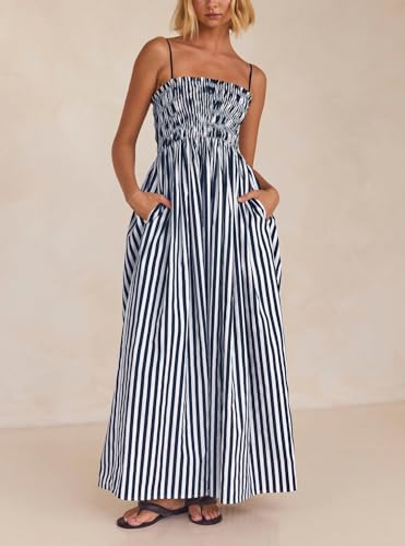Image of KMBANGI Women Striped Sleeveless Maxi Dress Swing Patchwork Midi Dress Smocked Spaghetti Strap Colorful Long Sundress